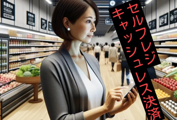 キャッシュレスで買い物する女性の画像