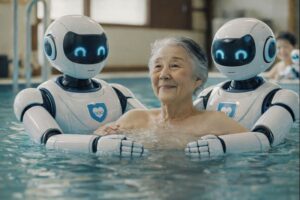 水中エクソサイズを行う高齢者と支えるロボットの画像