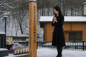 慰霊する女性の画像